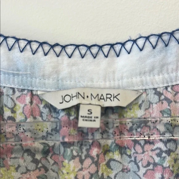 John•Mark Sz Small Embroidered Blue and White 3/4 Sleeve Boho Blouse - Picture 10 of 12